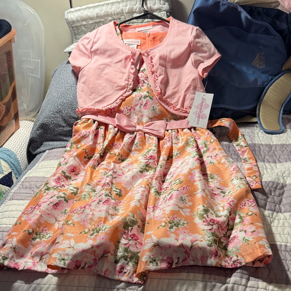 Bonnie Jean Pink and Orange Floral Dress with Bolero
